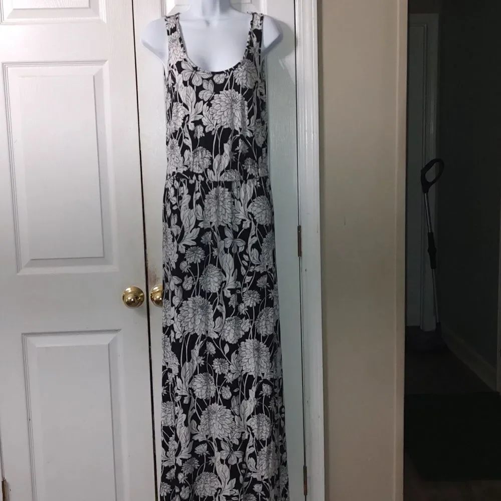 Banana Republic black white sleeveless maxi floral butterfly summer dress Sz XS